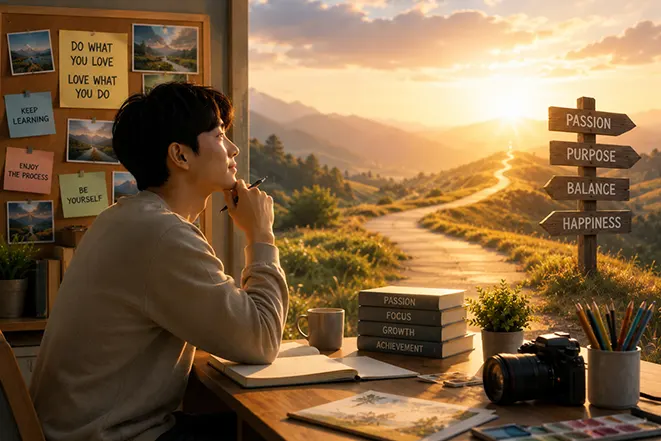 자신이 좋아하는 일을 찾고 인생의 방향을 고민하는 사람의 모습을 통해 덕업일치의 교훈을 표현한 이미지