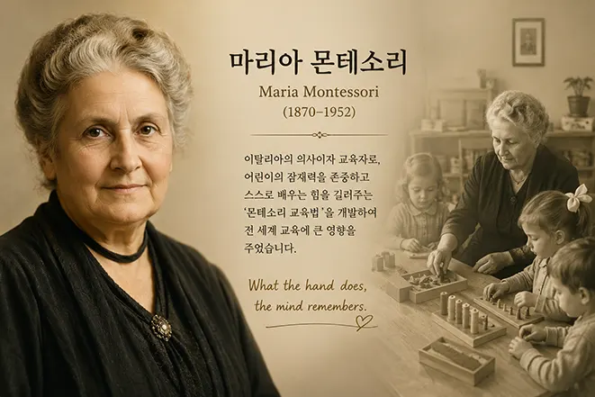 마리아 몬테소리와 몬테소리 교육법을 소개하는 이미지로 어린이들과 함께 교육 활동을 하는 모습을 표현한 일러스트