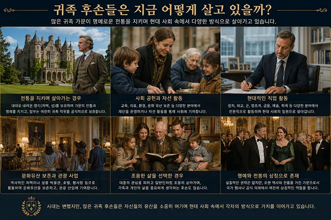 현대 유럽 귀족 후손들이 성을 관리하거나 직장 생활과 자선 활동을 하며 살아가는 다양한 모습을 설명하는 인포그래픽