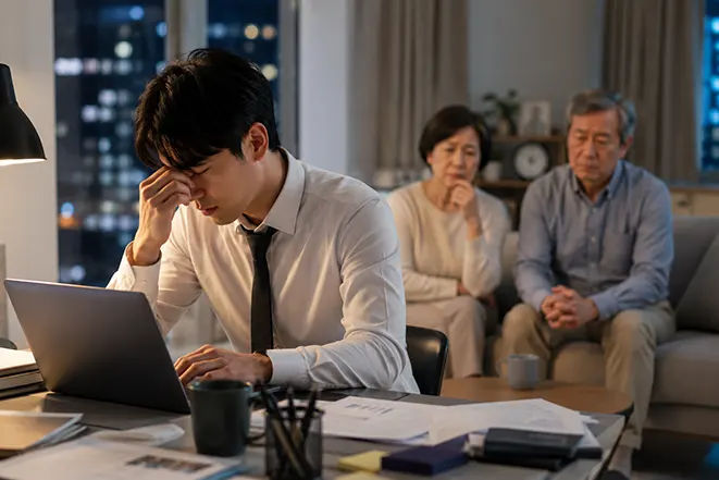 야근 중인 직장인 아들과 뒤에서 걱정스럽게 바라보는 부모님의 모습, 현대 사회에서 효도가 어려운 현실을 표현한 이미지