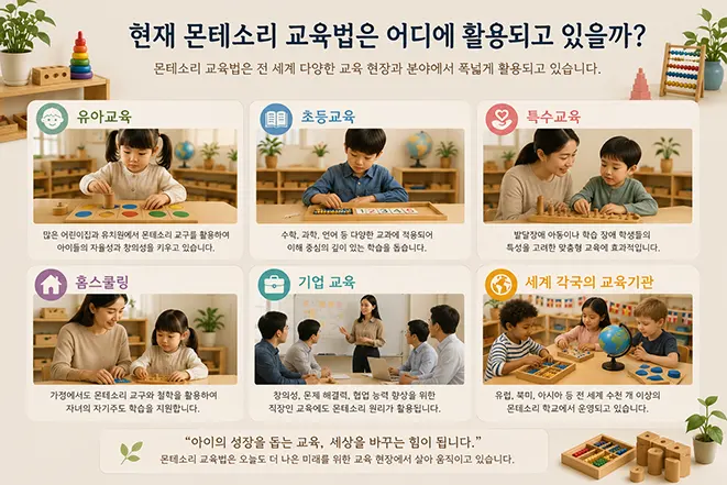 몬테소리 교육법이 유아교육, 초등교육, 특수교육, 홈스쿨링, 기업 교육, 세계 각국 교육기관에서 활용되는 모습을 설명하는 인포그래픽 이미지