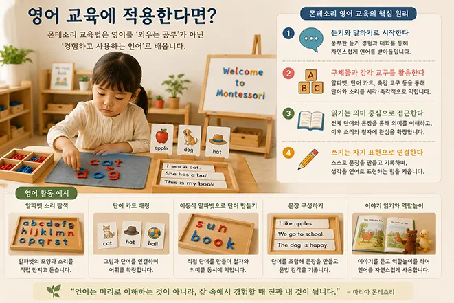 몬테소리 교육법을 활용한 영어 교육 장면으로 어린아이가 알파벳 교구와 단어 카드를 활용해 영어를 직접 경험하며 배우는 인포그래픽 이미지