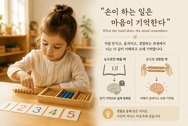 몬테소리 기억법을 설명하는 이미지로 어린아이가 숫자 교구를 직접 만지며 학습하고 손이 하는 일은 마음이 기억한다는 원리를 보여주는 장면