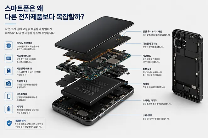 스마트폰 내부 부품 구조를 분해하여 CPU, 메모리, 저장장치, 배터리, 디스플레이, 카메라 모듈 등을 설명하는 이미지