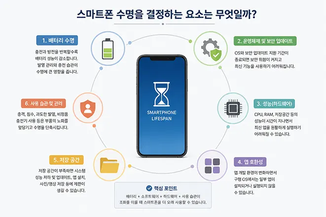 스마트폰 수명에 영향을 주는 배터리, 운영체제 업데이트, 성능, 앱 호환성, 저장 공간, 사용 습관을 설명하는 인포그래픽 이미지