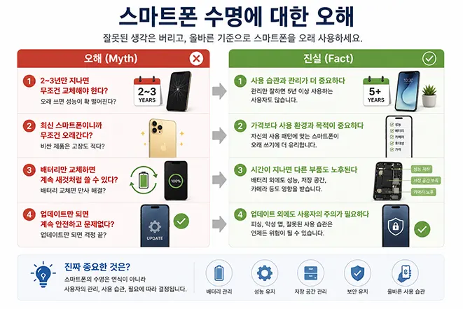 스마트폰 수명에 대한 대표적인 오해와 실제 사실을 비교하여 설명하는 인포그래픽 이미지