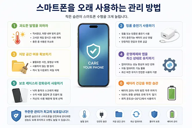 스마트폰을 오래 사용하기 위한 발열 관리, 정품 충전기 사용, 저장 공간 확보, 업데이트 유지, 보호 케이스 사용, 배터리 관리 방법을 설명하는 인포그래픽 이미지