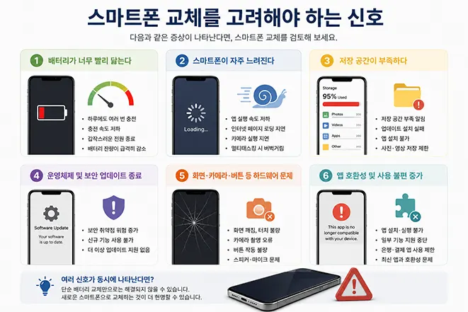 스마트폰 교체 시기를 판단할 수 있는 배터리 노화, 성능 저하, 저장 공간 부족, 업데이트 종료, 하드웨어 고장, 앱 호환성 문제를 설명하는 인포그래픽 이미지