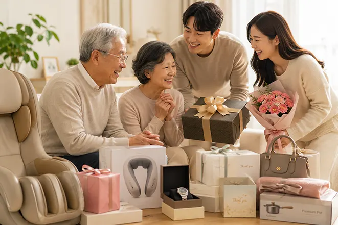 부모님께 선물과 꽃다발을 전달하며 행복한 시간을 보내는 가족의 모습