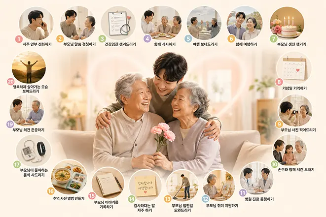 부모님이 가장 기뻐하는 효도 20가지를 한눈에 보여주는 가족 사랑 인포그래픽 이미지