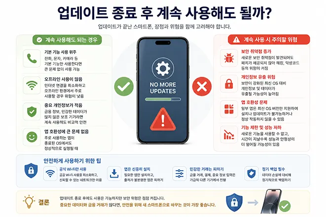 운영체제와 보안 업데이트가 종료된 스마트폰을 계속 사용할 때의 장점과 위험성을 설명하는 인포그래픽 이미지