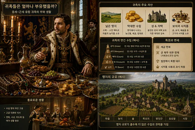 중세 유럽 귀족의 부와 재산을 설명하는 이미지로 성, 영지, 금화, 보석, 연회와 귀족의 생활을 보여주는 인포그래픽