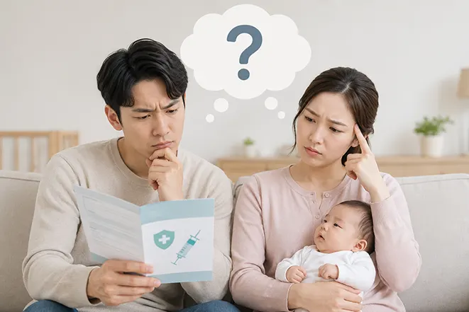 백일해 예방접종 안내문을 보며 정보를 확인하는 신생아 부모와 아기