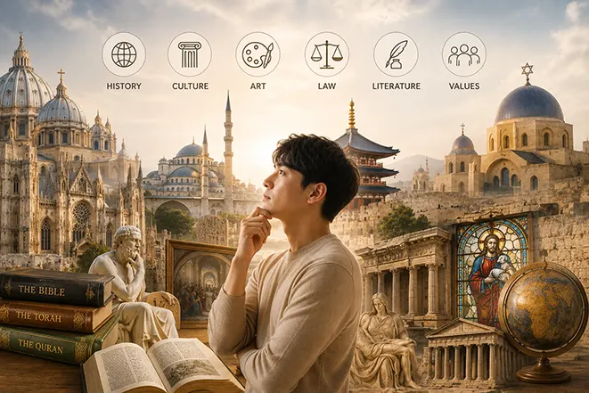 종교가 역사와 문화, 예술, 철학에 미친 영향을 생각하는 사람의 모습을 표현한 이미지