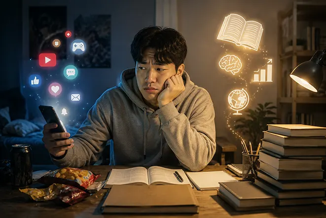 스마트폰과 SNS 알림에 집중하는 청년과 책을 통한 학습 사이에서 고민하는 모습을 표현한 학습 방해 요인 이미지
