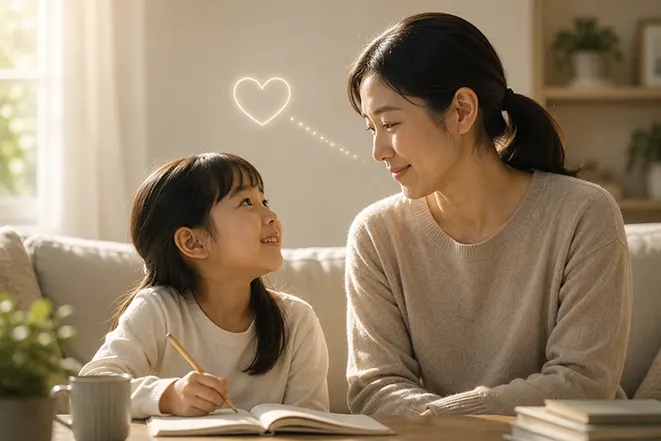 엄마와 딸이 서로를 바라보며 말없이 마음을 이해하는 모습을 통해 묵이식지와 말하지 않아도 알아요의 의미를 표현한 이미지
