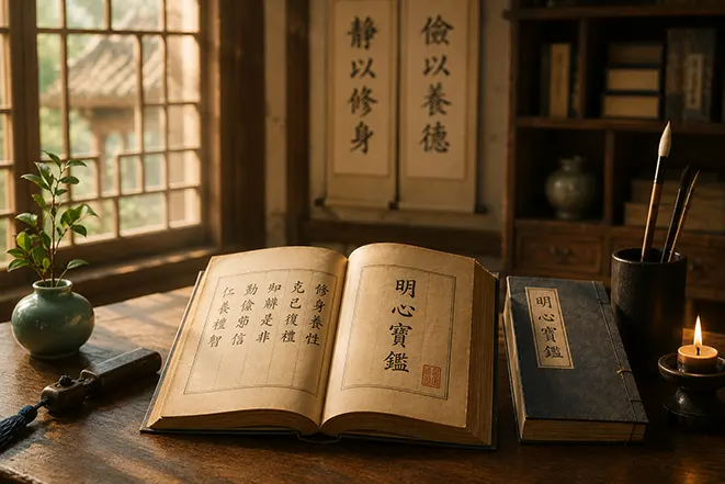명심보감 책과 전통 서재, 붓과 촛불이 함께 있는 동양 고전 이미지