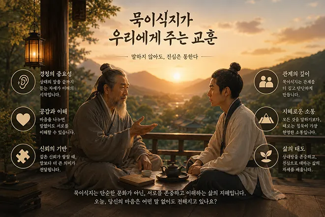 노을이 지는 정자에서 스승과 제자가 마주 앉아 대화하며 묵이식지가 우리에게 주는 교훈과 삶의 지혜를 상징적으로 표현한 이미지