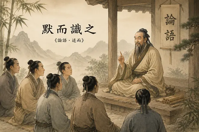 공자가 제자들에게 가르침을 전하는 모습으로 묵이식지의 유래와 논어의 교육 정신을 표현한 이미지
