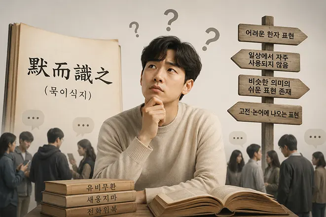 묵이식지라는 표현을 이해하려고 고민하는 사람과 어려운 한자 표현 및 사용 빈도를 설명하는 안내판을 통해 묵이식지가 잘 알려지지 않은 이유를 표현한 이미지