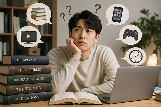 고전 서적 앞에서 스마트폰과 게임, 영상 시청 등의 유혹 때문에 고민하는 사람의 모습