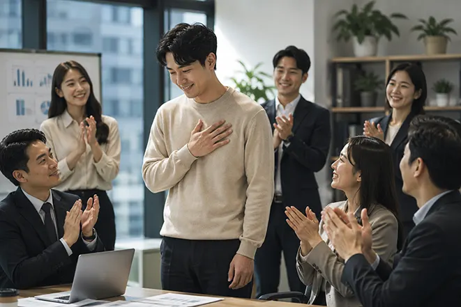 직장에서 성과를 인정받고도 겸손하게 감사하는 직장인의 모습