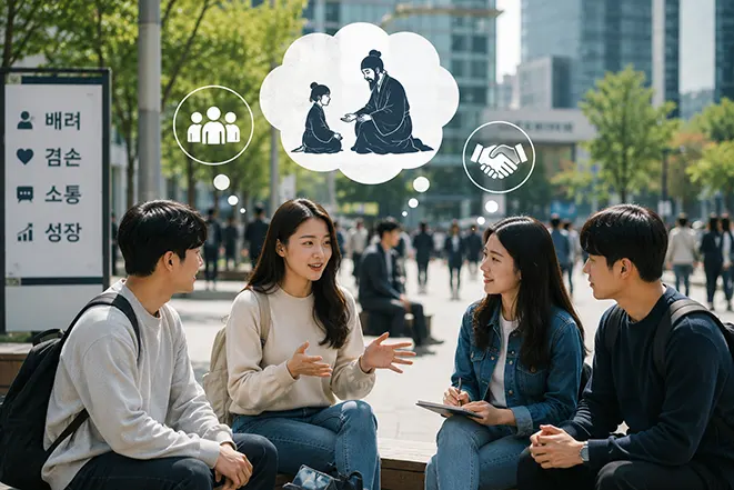 현대 한국의 젊은이들이 겸손과 배려에 대해 이야기하는 모습