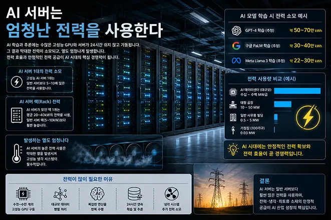 AI 서버와 데이터센터가 대량의 전력을 사용하는 이유와 GPU, 냉각 시스템, 전력 공급의 중요성을 설명하는 교육용 인포그래픽 이미지