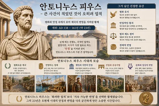 로마 오현제 안토니누스 피우스의 모습과 평화 유지, 안정적인 행정, 법과 제도 정비, 경제적 번영 등 주요 업적을 설명한 이미지