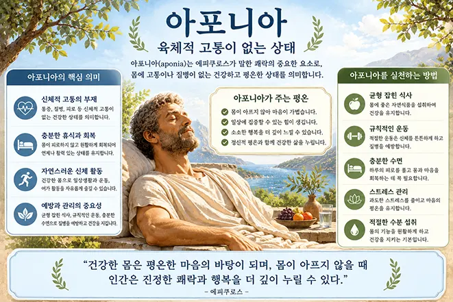 에피쿠로스 철학의 아포니아 개념과 육체적 고통이 없는 평온한 상태, 건강한 생활을 유지하는 방법을 설명하는 이미지