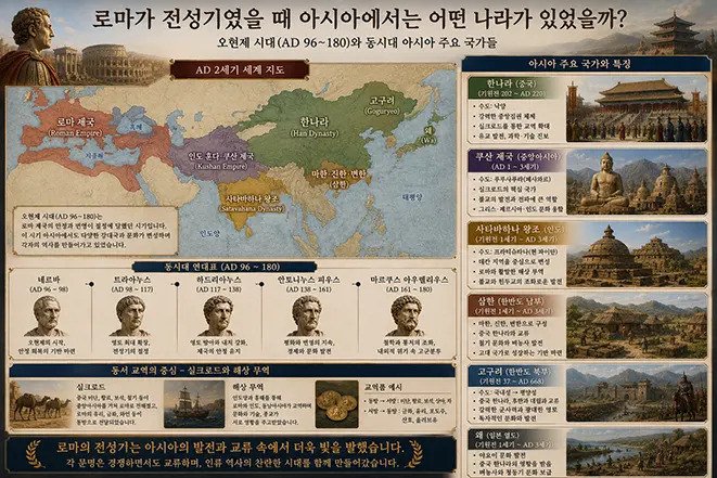 로마 오현제 시대와 같은 시기 아시아의 후한, 고구려, 쿠샨 제국, 사타바하나 왕조 등 주요 국가와 실크로드 교역을 보여주는 지도 이미지