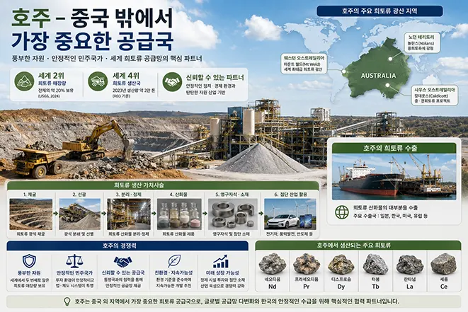 호주의 주요 희토류 광산과 생산 과정, 수출 현황, 세계 희토류 공급망에서의 역할을 설명하는 인포그래픽