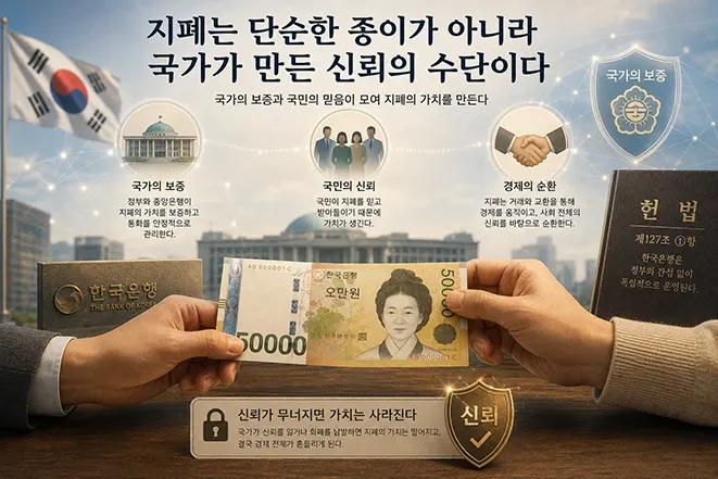 국가의 보증과 국민의 신뢰를 바탕으로 지폐의 가치가 형성되는 원리를 표현한 이미지