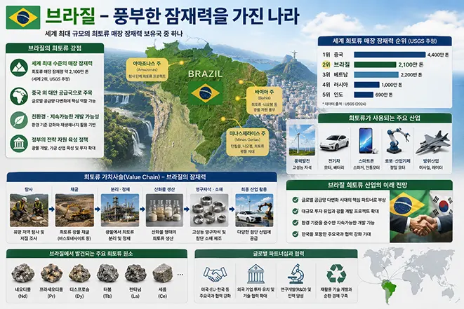 브라질의 희토류 매장 잠재력과 주요 광산 지역, 산업 활용, 미래 개발 가능성을 설명하는 인포그래픽