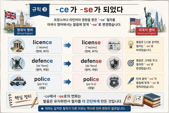 영국식 영어의 -ce 철자가 미국식 영어에서 -se로 바뀌는 규칙을 licence와 defence 예시로 설명한 인포그래픽