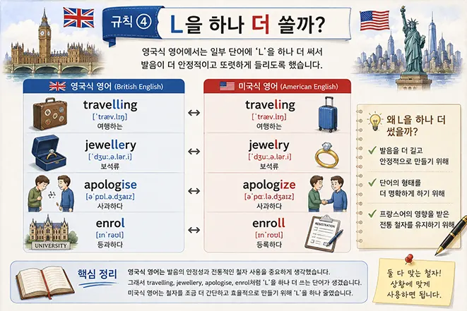 영국식 영어와 미국식 영어의 L 철자 차이를 travelling과 traveling, jewellery와 jewelry 등으로 비교한 인포그래픽