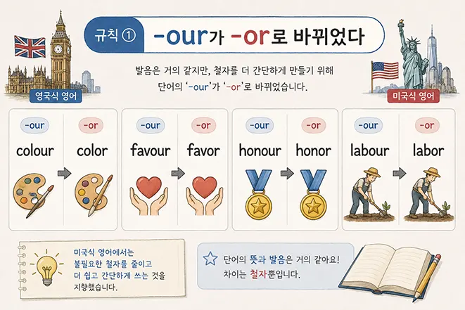영국식 영어의 -our 철자가 미국식 영어에서 -or로 바뀌는 규칙을 colour, favour, honour, labour 예시로 설명한 인포그래픽
