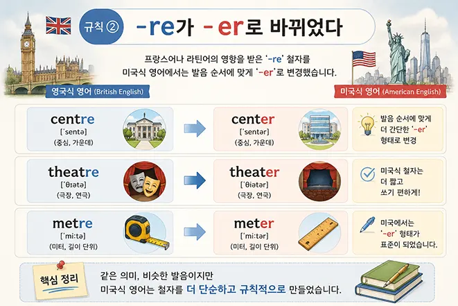 영국식 영어의 -re 철자가 미국식 영어에서 -er로 바뀌는 규칙을 centre, theatre, metre 예시로 설명한 인포그래픽
