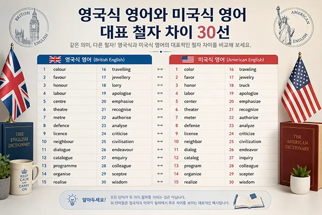 영국식 영어와 미국식 영어의 대표적인 철자 차이 30가지를 비교한 표와 예시 이미지