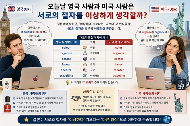 오늘날 영국 사람과 미국 사람이 서로의 영어 철자를 어떻게 인식하는지 비교한 영국식 영어와 미국식 영어 인포그래픽