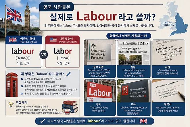 영국 사람들이 실제로 labour 철자를 사용하는 사례를 노동당, 정부 기관, 신문, 사전 등으로 설명한 인포그래픽