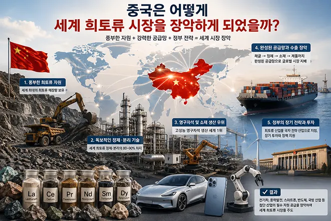중국이 희토류 채굴과 정제 기술, 공급망 구축을 통해 세계 희토류 시장을 장악하게 된 과정을 설명하는 인포그래픽