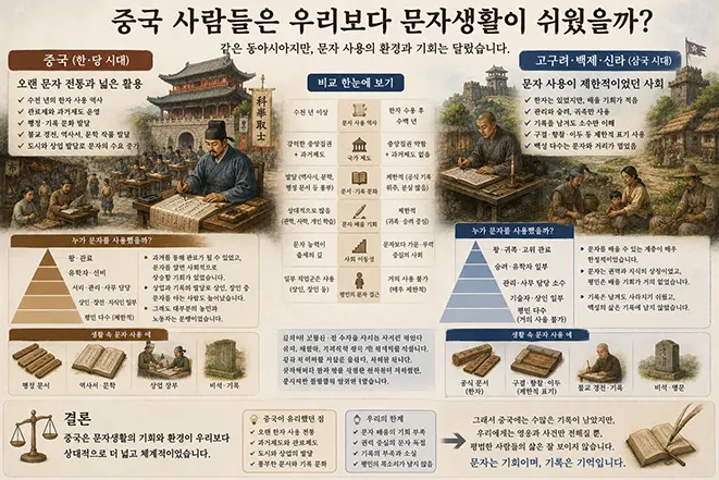 한글 창제 이전 중국과 한국의 문자 사용 환경과 평민의 문자생활 차이를 비교한 이미지