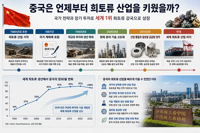 1980년대부터 현재까지 중국 희토류 산업의 성장 과정과 세계 시장 점유율 확대를 설명하는 인포그래픽
