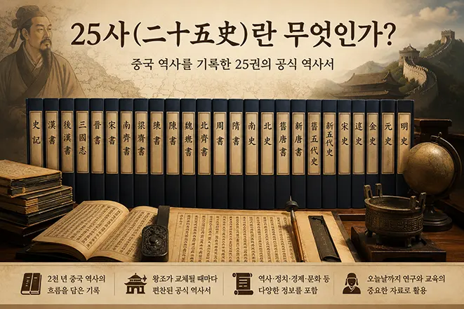 중국 25사를 구성하는 정사와 사마천, 만리장성, 고전 역사서를 표현한 일러스트