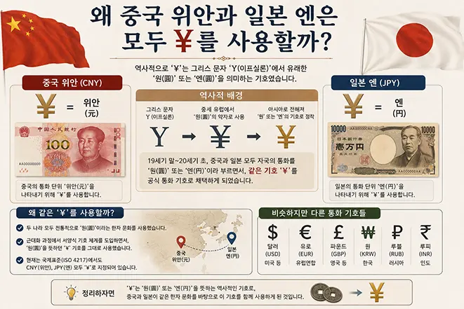 중국 위안화와 일본 엔화가 모두 ¥ 기호를 사용하는 이유와 두 통화의 차이를 설명하는 이미지