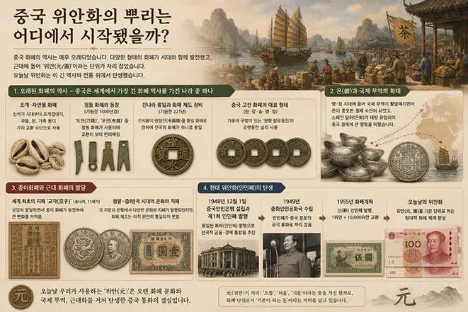 중국 고대 화폐부터 은화와 위안 단위, 현대 인민폐까지 위안화의 역사적 변화를 설명하는 이미지