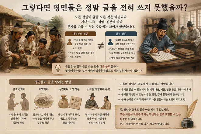 한글 이전 시대 평민들의 문자 사용과 구전·기억·표식·대필 등 기록 방법을 설명하는 이미지
