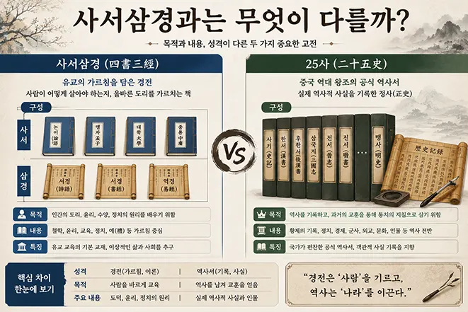 사서삼경과 25사의 목적과 구성, 특징의 차이를 비교한 인포그래픽