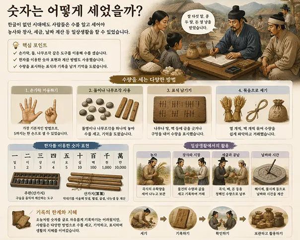 한글 이전 시대 사람들이 손가락, 돌, 나무 조각, 표식과 한자 숫자를 이용해 수량을 세고 계산하는 모습을 설명하는 이미지